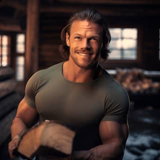 One adult male very big and muscular warm smile outside a luxury wood cabin in Norway chopping wood snow and mountains