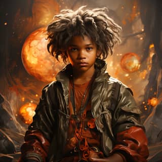 afro latino last airbender with air and fire orbs surreal landscape chaos 30