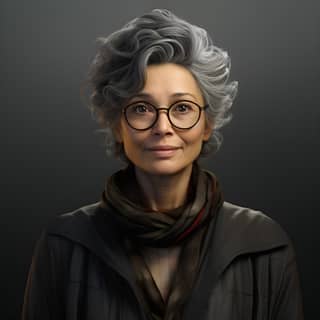 Une femme d'âge mûr, ethniquement ambiguë, dans la soixantaine, portant des lunettes et un foulard, avec des cheveux gris.