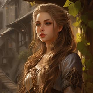 beautiful elf woman near tree medival and fantasy setting Dungeons and Dragons setting