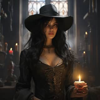 black haired witch slim face with magic wearing rogue clothes in dnd style