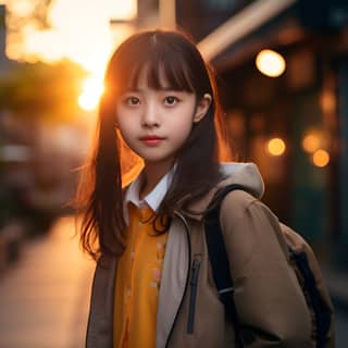 cinematic light A chinese girl is walking on the way out of school from front Clear facial features sunset quiet street