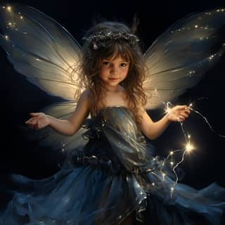 a cute 2 year old baby girl fairy with huge insect sparkling wings coming out of her spine her dress is blue light coming