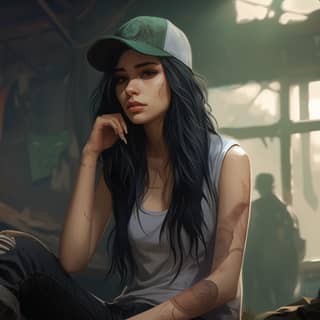 female zombie apocalypse survivor turquoise tank top long black hair ripped jeans green and white baseball cap