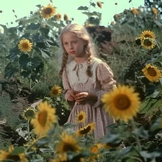 grainy 1973 movie footage woman in baroque clothing in a field of sunflowers mid action vhs footage vivid