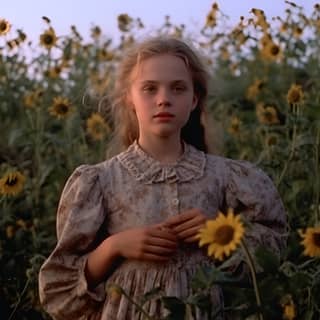 grainy 1973 movie footage woman in baroque clothing in a field of sunflowers mid action vhs footage vivid