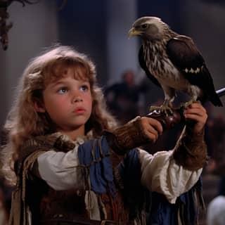 grainy 1982 movie footage young boy in medieval clothing holding a falcon on his arm standing in a banquet hall Raw footage