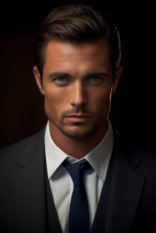 handsome man in his late 30's tanned skin with darker hair and blue eyes confident posture smokey gaze wearing a suit