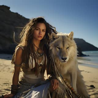 native american beautiful woman two eagle feathers tied into the side of her head with a white wolf on her left side full