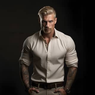 Grand homme blond dans la trentaine avec des tatouages et portant une chemise en lin ouverte, posant pour une photo.