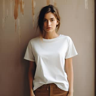 a photoshoot of a girl wearing a blank white t-shirt against the wall standing straight in the style of precisionist lines