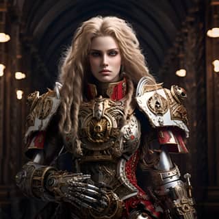 a powerful female 40k adepta sororitas ornate space suit