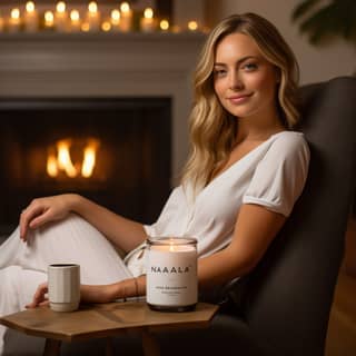 a prominently displayed single white lit jar candle on a table next to relaxing in a comfortable chair in a cozy moden