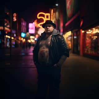 a tattoed little fat man in the night with light color in the background in the street