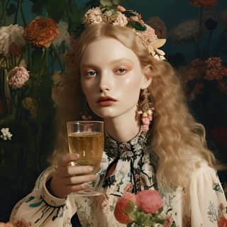 two ladies gucci women´s spring/summer 2018 editorial in a dinner table drinking wine in the style of intricate delicate