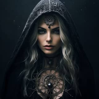 witch archetype central focus on the eyes penetrating and mysterious look excellent definition of details contrast with
