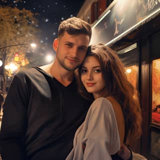 Jeune couple amoureux la nuit en ville, se tenant ensemble devant un magasin.