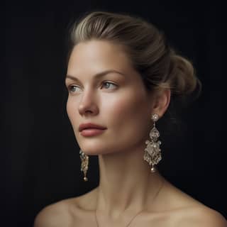 beautiful swedish woman wearing earrings decorated with small diamonds in silver in the style of hasselblad h6d-400c