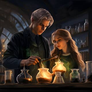 Harry Potter, Albus Dumbledore, Draco e Hermione in un laboratorio di pozioni e laboratorio.