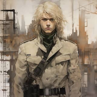 dystopian graphic novel art early 20s long blonde hair tan skin military uniform yoji shinkawa