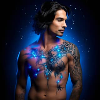 Un hombre con tatuajes y luces azules brillantes en el pecho, y cabello negro masculino de longitud media.