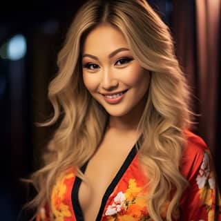 original niji photoshoot blonde with long hair in tight kimono light smile bold curves deep v photo taken on phase one XF IQ4