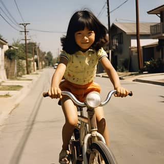 a photo taken in 1972 of an asian girl riding a bicycle in a suburban neighborhood of los angeles