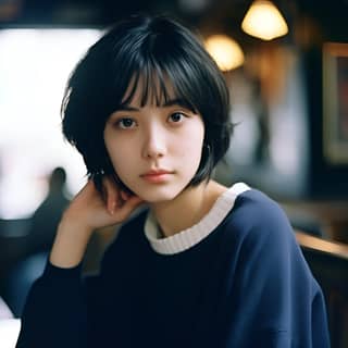 quirky Japan teen girl short hair in a 90’s in coffee shop smoking a cigarrette a coffee on the table she is sat at During a