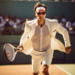 rodger federer looking like a bad and amature tennis player wearing a suit playing tennis