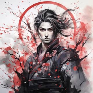 Un'illustrazione di un samurai androgino e bello in un kimono, con un occhio acuto, in piedi vicino a un albero di ciliegio e un disegno di una spada che taglia una mezza luna, con un cerchio rosso intorno al collo.