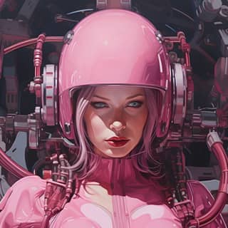 Uma menina com um capacete e jaqueta rosa, junto com um robô.