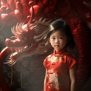 the girl is wearing a red Chinese cheongsam and there is a metaphysical Chinese dragon suspended in the air behind her good