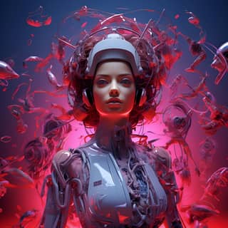 Seorang wanita dalam kostum futuristik dikelilingi oleh robot dan mengenakan headphone dengan lampu merah.