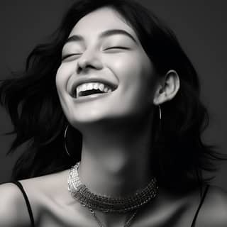 is smiling as in another image in the style of modern jewelry advertisement inspired gongbi black-and-white the snapshot