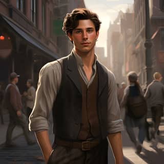 italian american man very handsome standing in the busy streets of New York City in the year 1882 basic clothes dnd art dnd