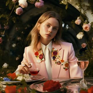 a lady wearing blazer and white basic t-shirt gucci women´s spring/summer 2018 editorial in a garden drinking wine in the