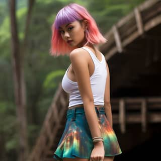 with rainbow hair wearing a mini skirt walking outside in the forest