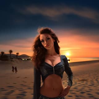 Uma mulher de biquíni e jeans em pé na praia ao pôr do sol.