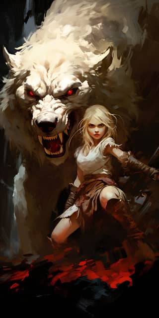 Um lobo em uma caverna, com uma espada.