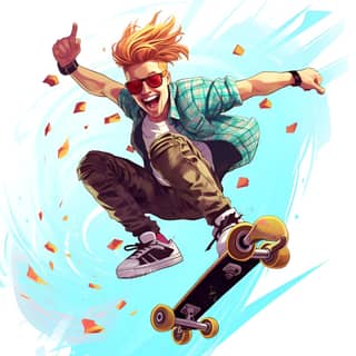 Ein junger, fröhlicher Punk-Typ in kariertem Hemd und Sonnenbrille fährt Skateboard.