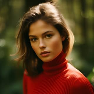 Elegant Minimalistic Photography 1990s Model wearing a Crimson jumper