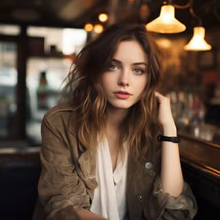 Pale caucasian blue eyes women in her mid 20s medium light brown hair sitting at the bar hipster fashion