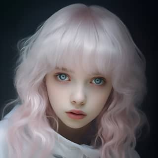 girl's photo with blue eyes near the in the style of kawaii aesthetic iris van herpen anime aesthetic light beige and gray