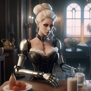 robotic maid looking like very beautiful young Brigitte Bardot standing next to a table while serving drinks in the style of