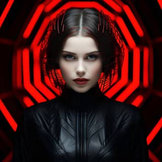 Retrato techno con piel pálida y luces rojas, en un estilo futurista de alto contraste, con una chaqueta de cuero negro.