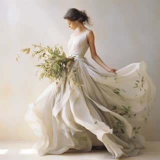 wedding dress falling shoulders full height bouquet with olive fine art by Jose villa