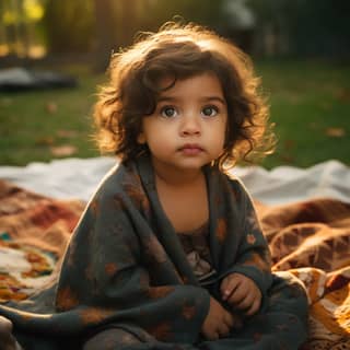 Ava Biracial girl toddler 2 years old brown hair sitting on a blanket in the park with her sippie cut