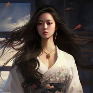 Fantasty Art Korean Female Black long hair Asian Priestess Healer White Robe Divine light