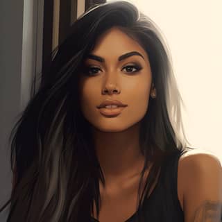 an illustration of a gorgeous exotic woman long black hair with brown eyes round face wearing a black tank top tattoos