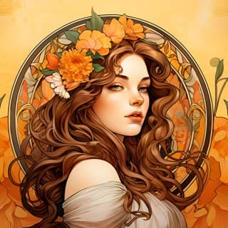 art nouveau portrait in the style of Alphonse Mucha of a gorgeous woman in the style of art nouveau hand painted vintage art
